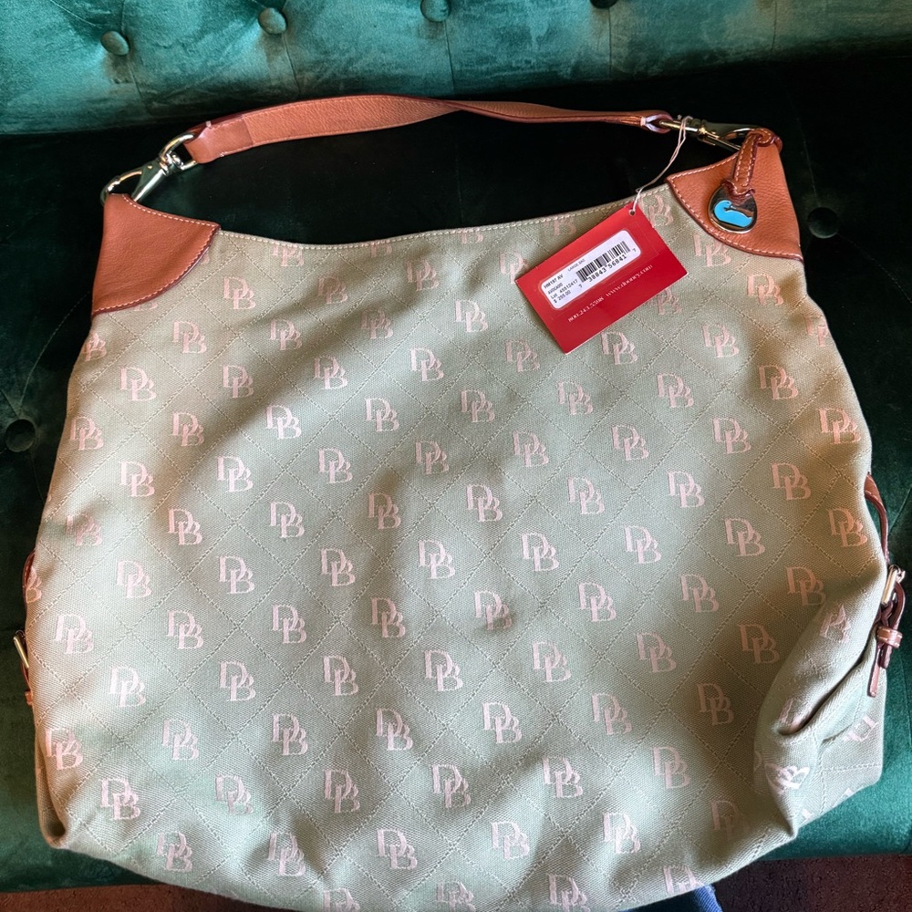 Dooney & Bourke DB Monogram Hobo Bag Tan Leather Trim Canvas Shoulder Purse